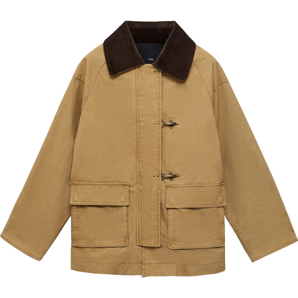 Mango Corduroy Colllar Cotton Canvas Coat In Brown