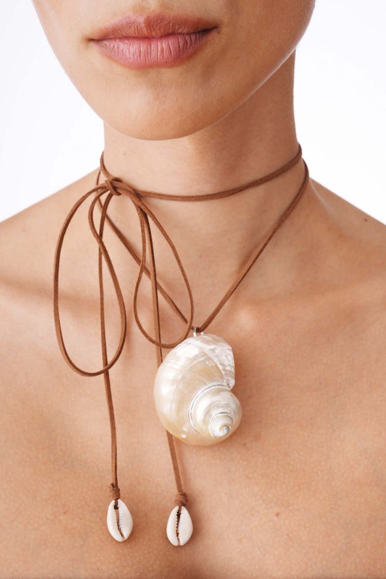 Seashell Suede Wrap Necklace, Alternate, color, Brown