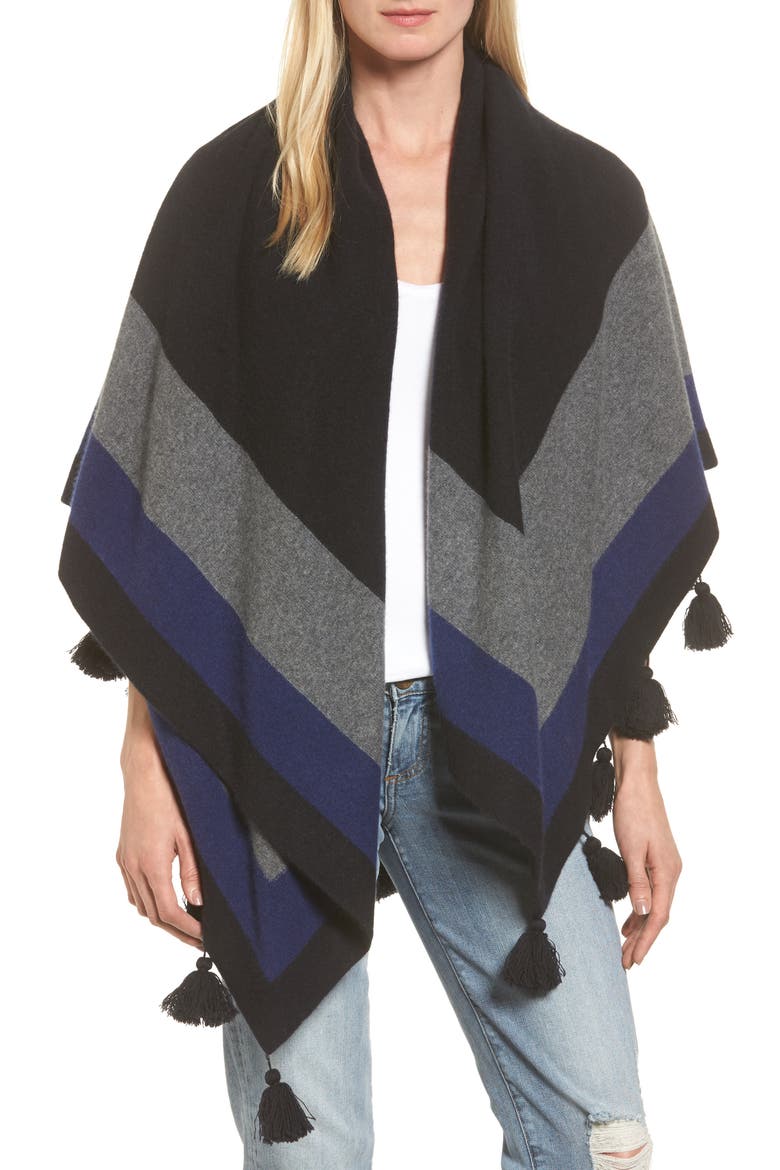 Tassel Trim Cashmere Wrap, Main, color, BLACK COMBO