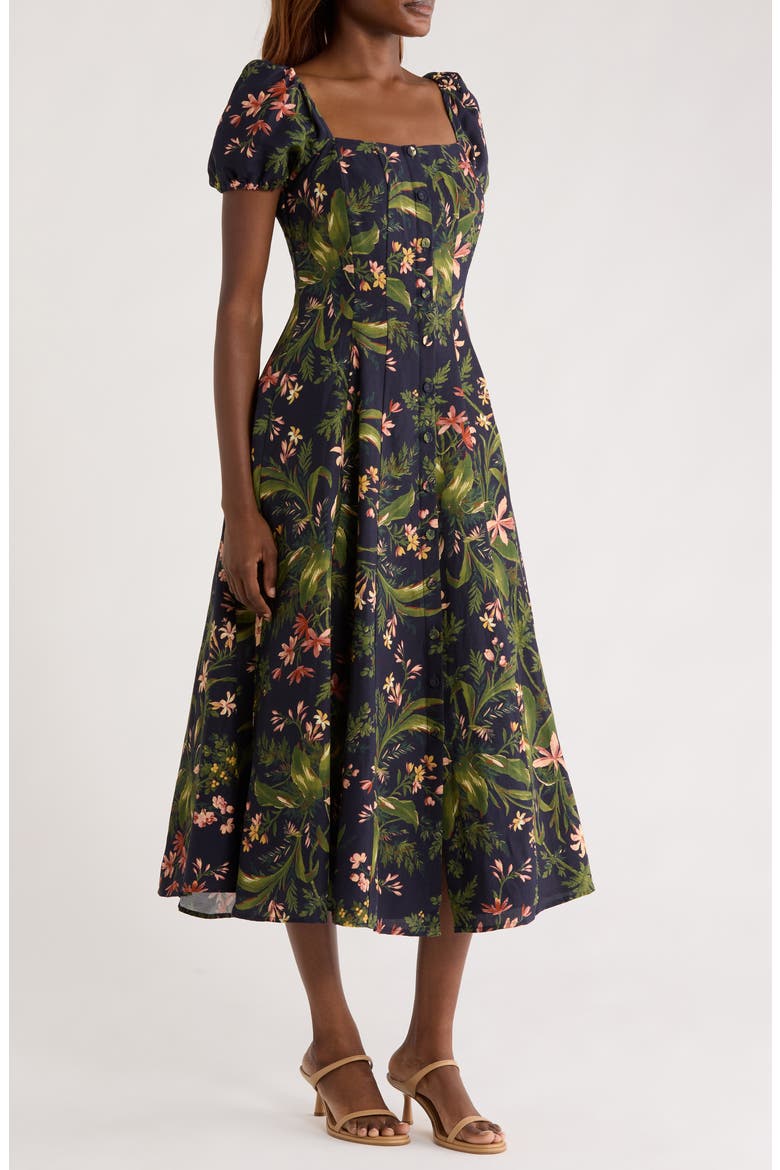 Lindi Floral Silk & Linen Paneled Midi Shirtdress, Alternate, color, DARK NAVY MULTI