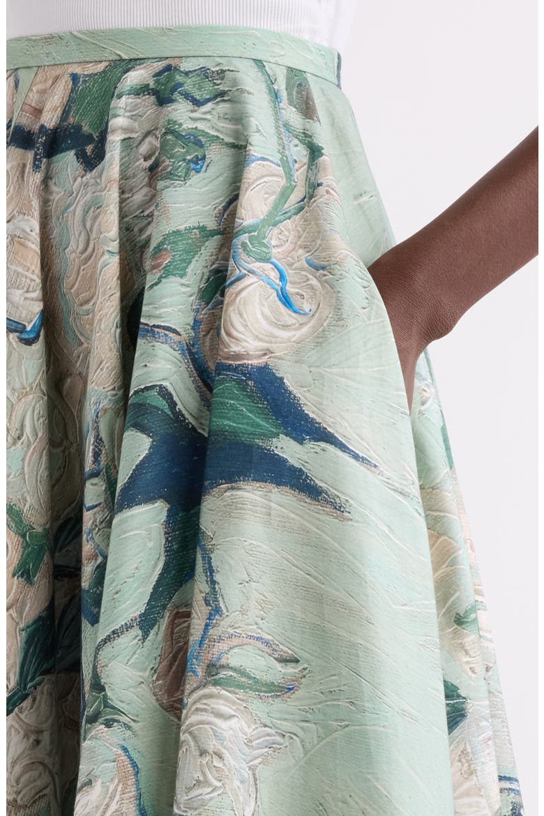 Rose Jacquard Gathered Cotton A-Line Midi Skirt, Alternate, color, MINT GREEN