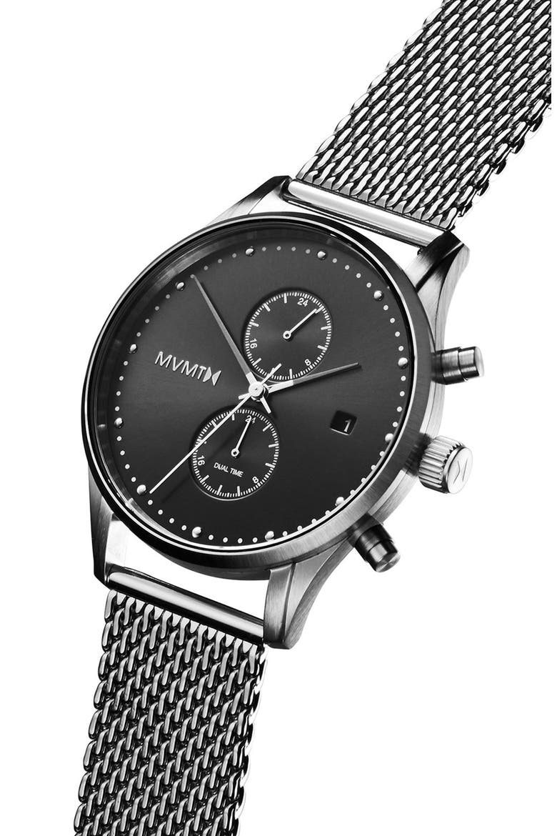 MVMT Voyager Chronograph Mesh Strap Watch, 42mm, Alternate, color, SILVER/ BLACK/ SILVER