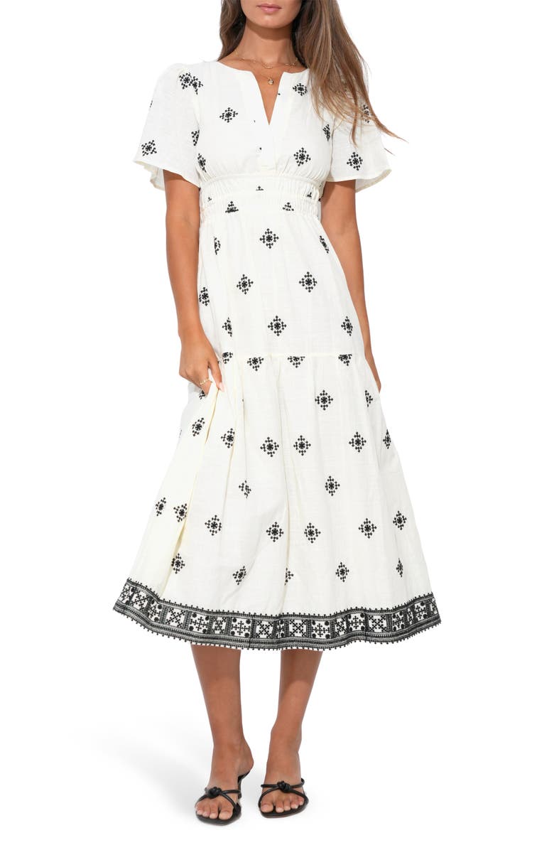 Adelyn Rae Elani Embroidered Cotton Midi Dress, Main, color, Ivory/ Black