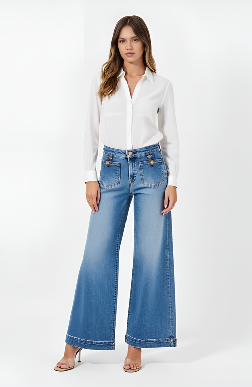 Modenaire High Waist Wide-leg Jeans With Buttoned Patch Pockets And Rolled Hem In Light Blue