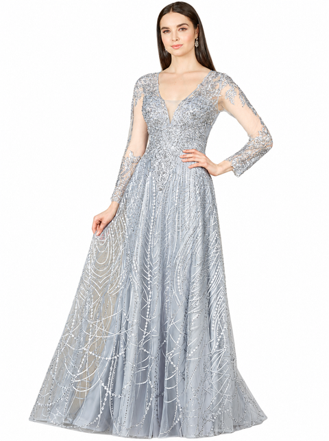 Long Sheer Sleeve V-Neckline Sheath Gown