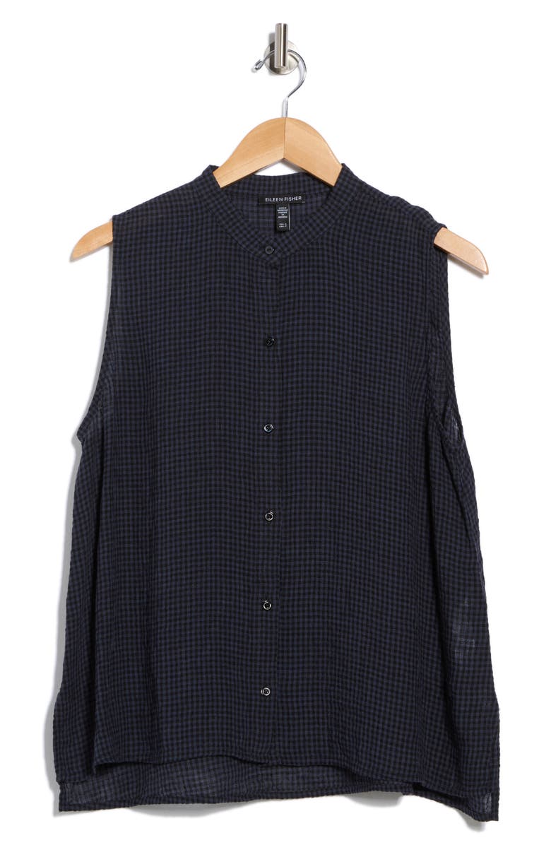 Eileen Fisher Gingham Sleeveless Organic Linen Button-Up Shirt, Alternate, color,