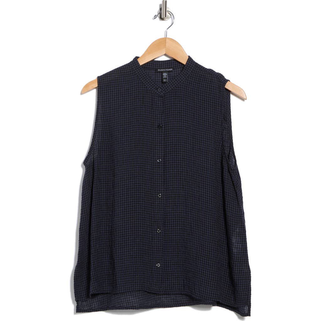 Eileen Fisher Gingham Sleeveless Organic Linen Button-up Shirt In Black