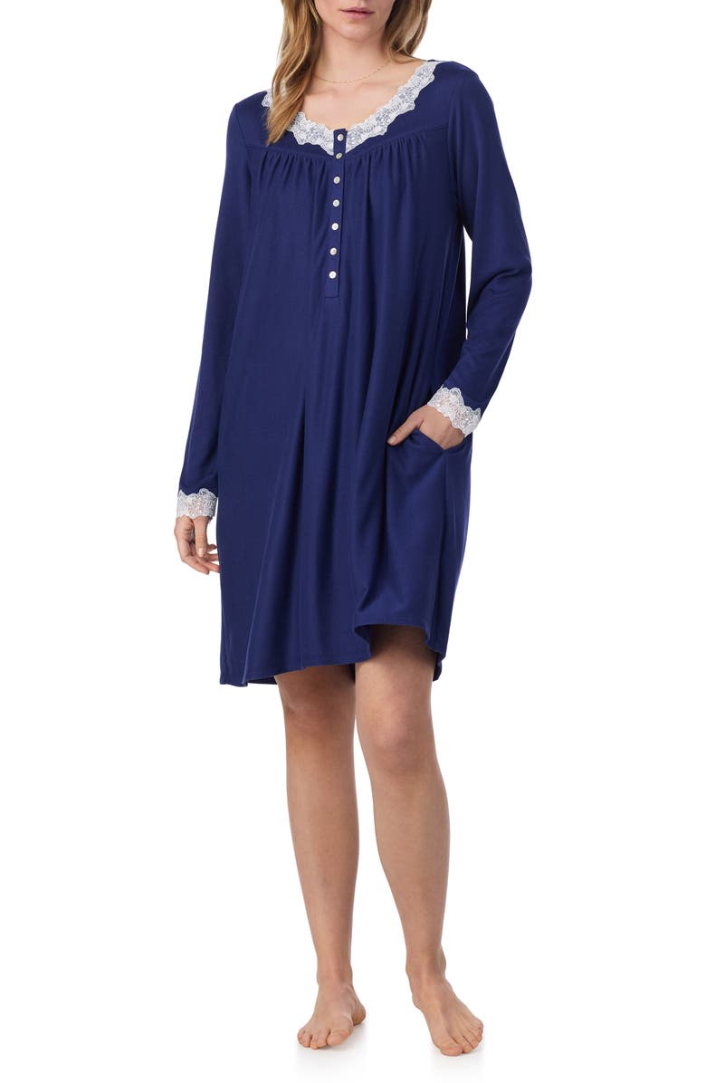 Eileen West Long Sleeve Short Nightgown, Alternate, color, Navy