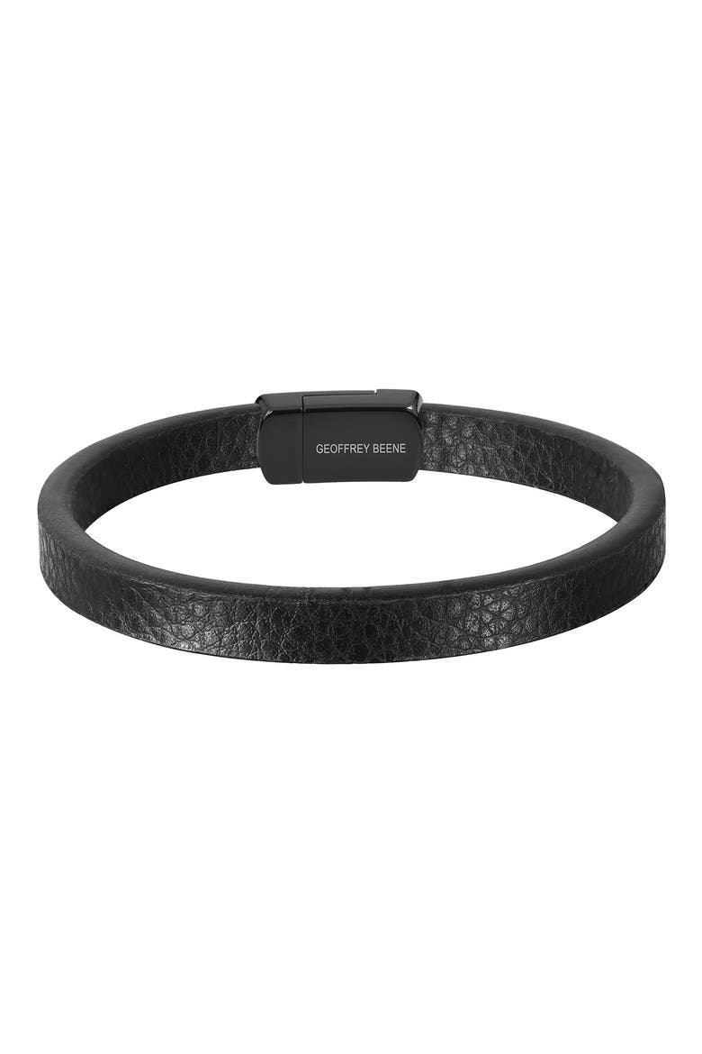 Men's Leather Bracelet, Main, color, BLACK