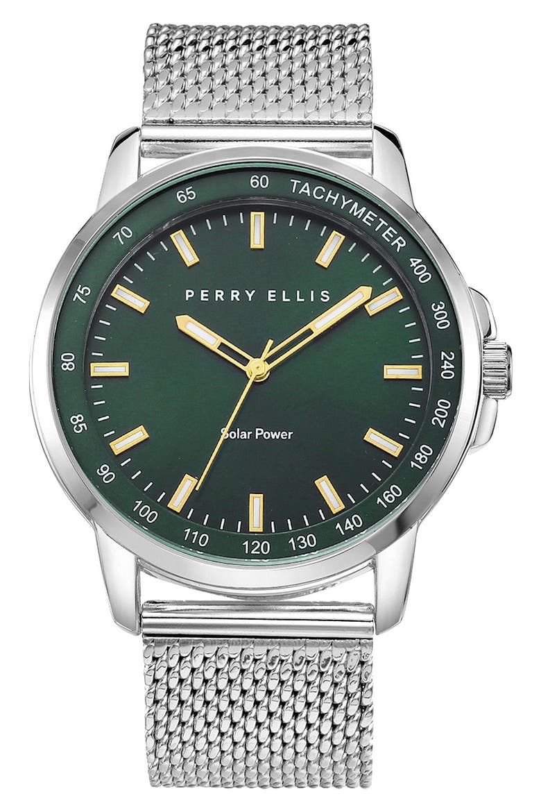 Solar Powered Mesh Bracelet Watch, 41mm, Main, color, SILVER/DARK GREEN