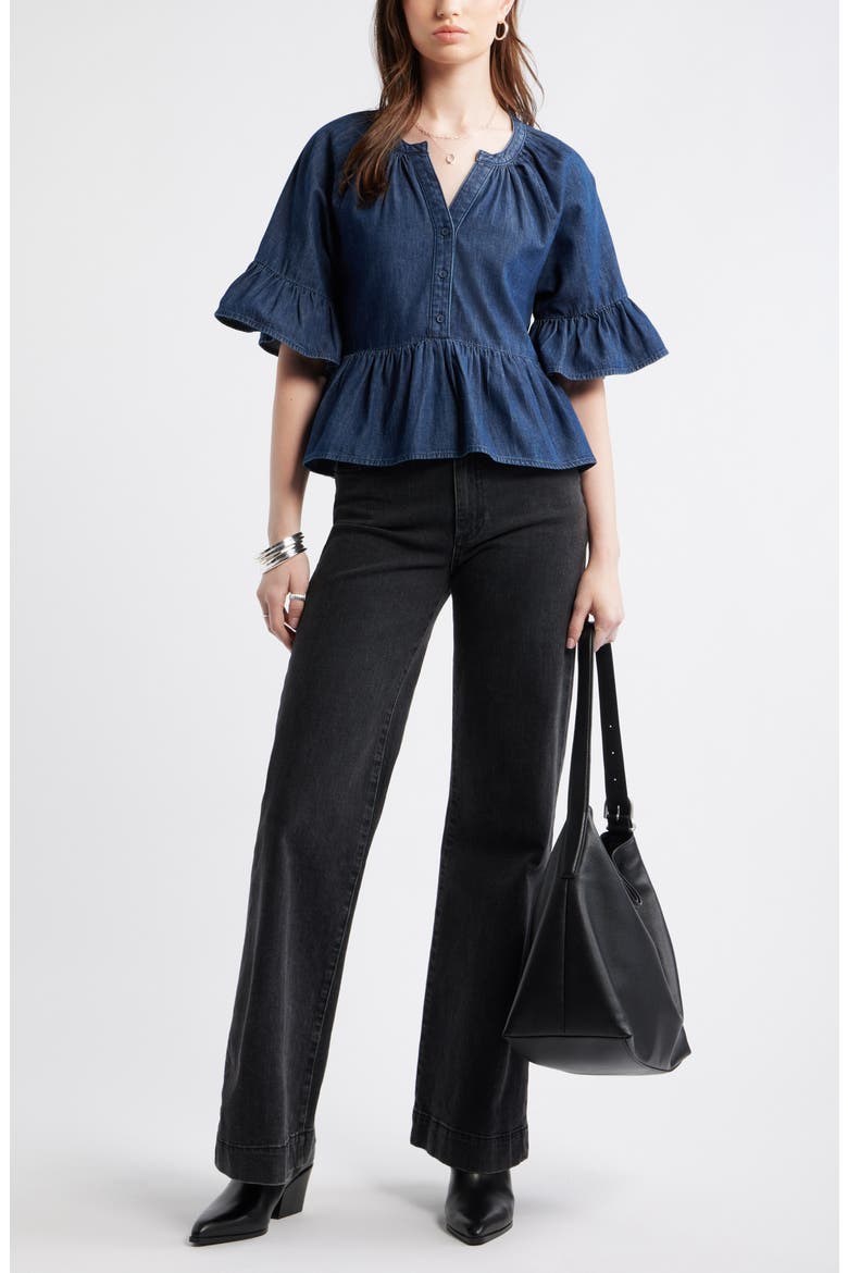 Cotton Chambray Peplum Top, Alternate, color, DARK MID WASH