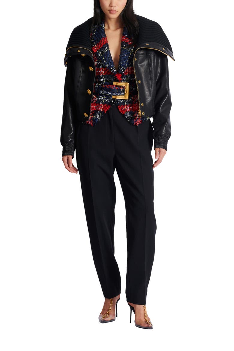 Belted plaid tweed jacket, Alternate, color, red