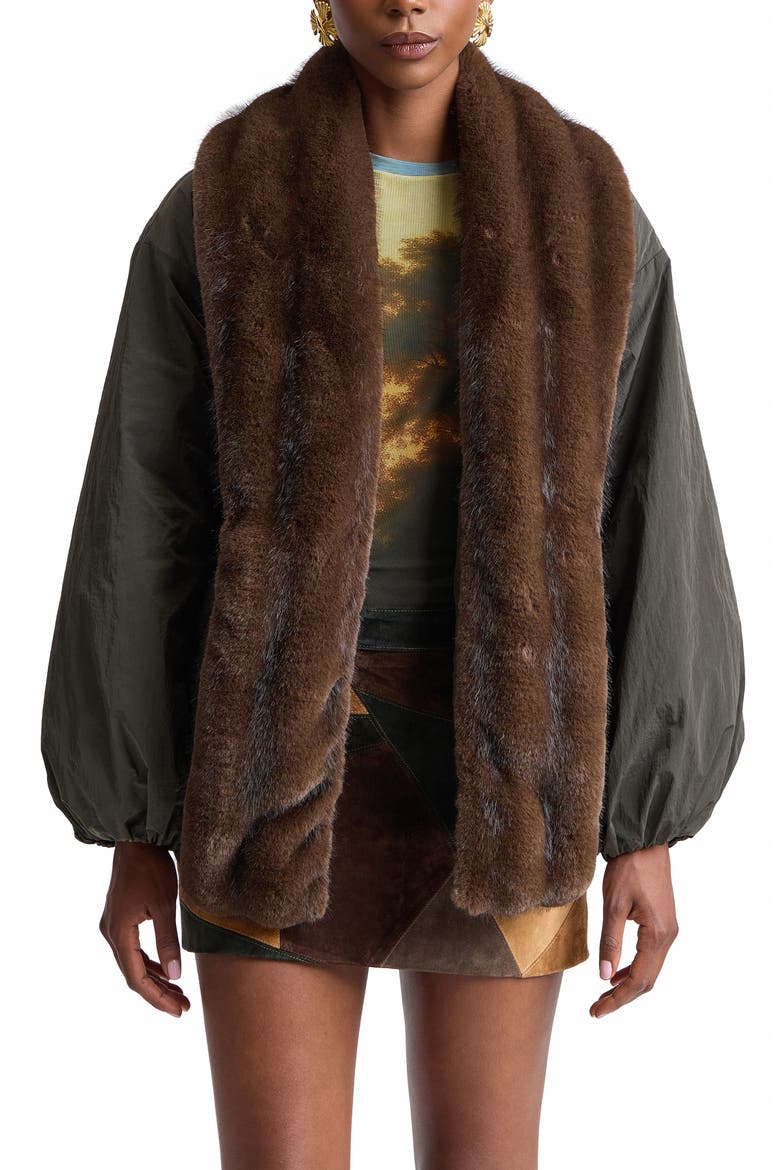 Balloon Belted Puffer Coat with Faux Fur Trim, Alternate, color, DARK FOREST/ MINK