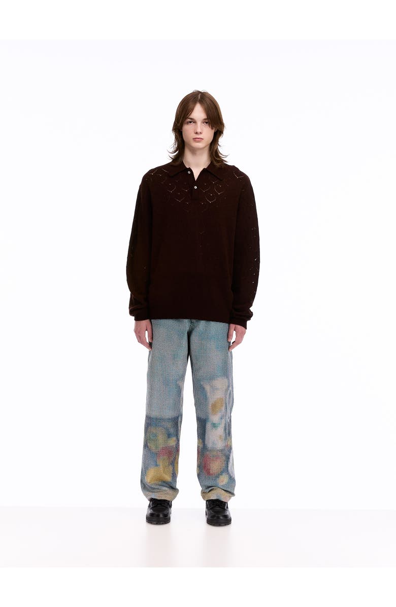 vowels Eyelet Polo Sweater, Alternate, color, Dark Tobacco