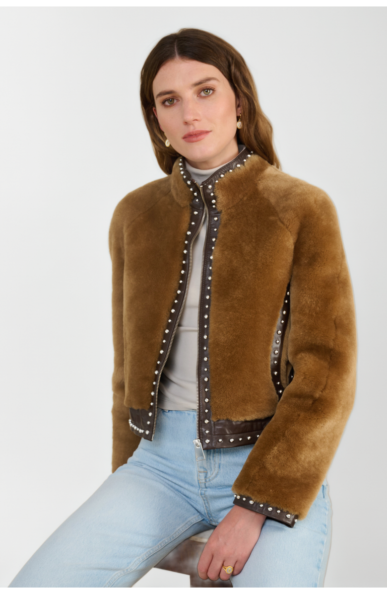 FURNIQ UK LLC Shearling Studded Jacket, Alternate, color, Brown
