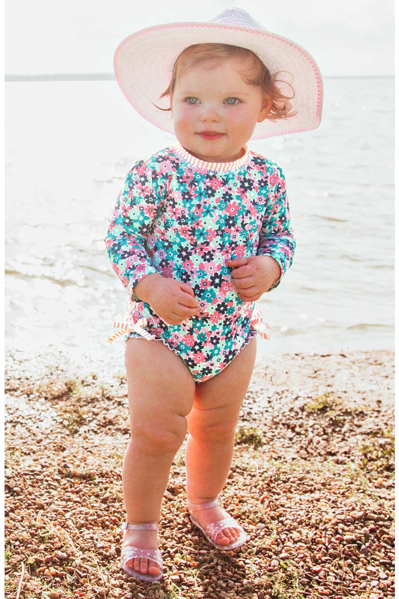 Water Lilies One-Piece Rashguard Swimsuit & Hat Set, Alternate, color, BLUE