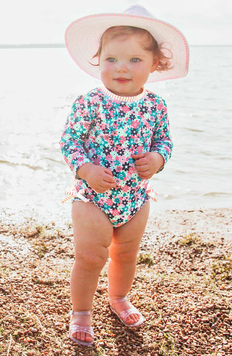 RuffleButts Water Lilies One-Piece Rashguard Swimsuit & Hat Set, Alternate, color, 
