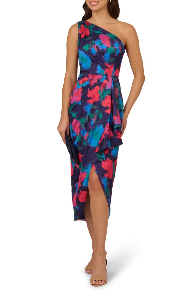 Adrianna Papell Floral One-Shoulder Satin Sheath Dress, Alternate, color, Blue Multi