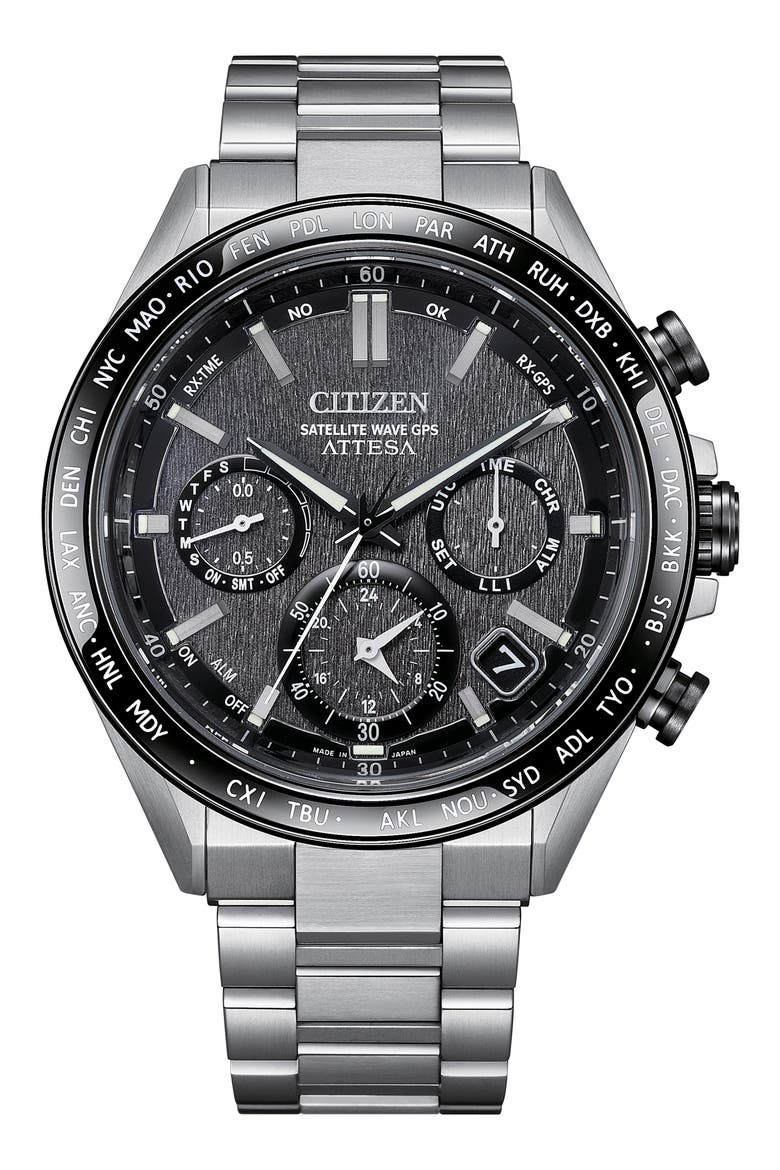 Attesa Satellite Wave GPS GMT Automatic Silvertone Bracelet Watch, 44.6mm, Main, color, SILVER-TONE