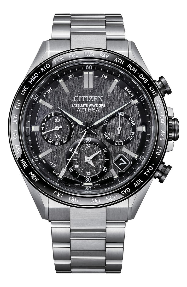 Citizen Attesa Satellite Wave GPS GMT Automatic Silvertone Bracelet Watch, 44.6mm, Main, color, Silver-Tone