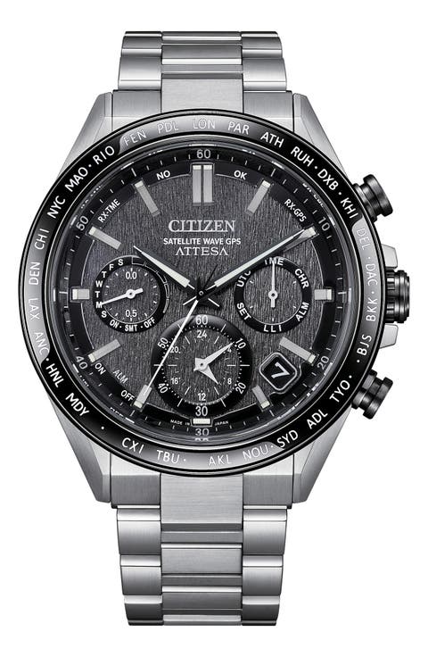 Attesa Satellite Wave GPS GMT Automatic Silvertone Bracelet Watch, 44.6mm