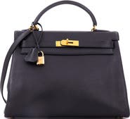 Pre-Owned Hermes Kelly Handbag Black Ardennes with Gold Hardware 32
