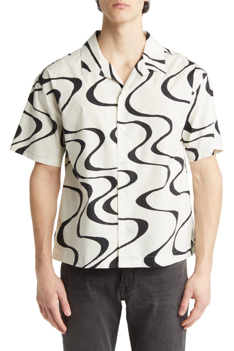 Abstract Wave Print Short Sleeve Button-Up Camp Shirt, Main, color, ECRU PRINT
