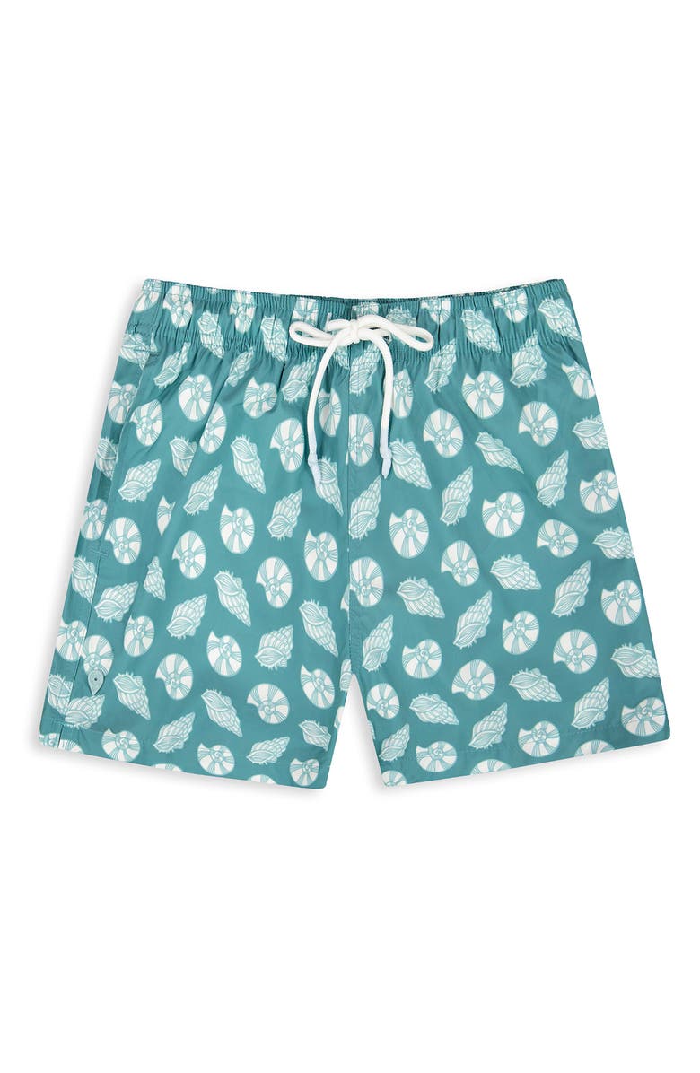 Sunset x Vine Seashell Print Swim Trunks, Alternate, color, Aqua