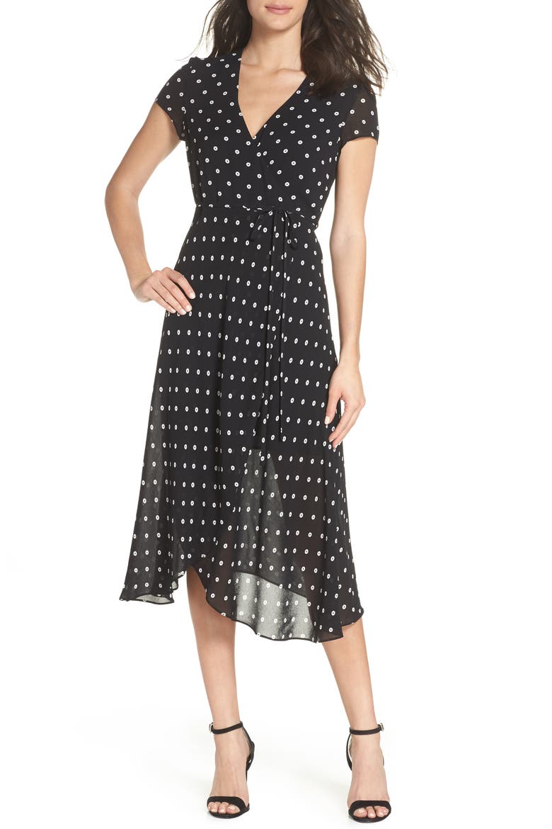 Dotted Faux Wrap Midi Dress, Main, color, CIRCLE SPOT
