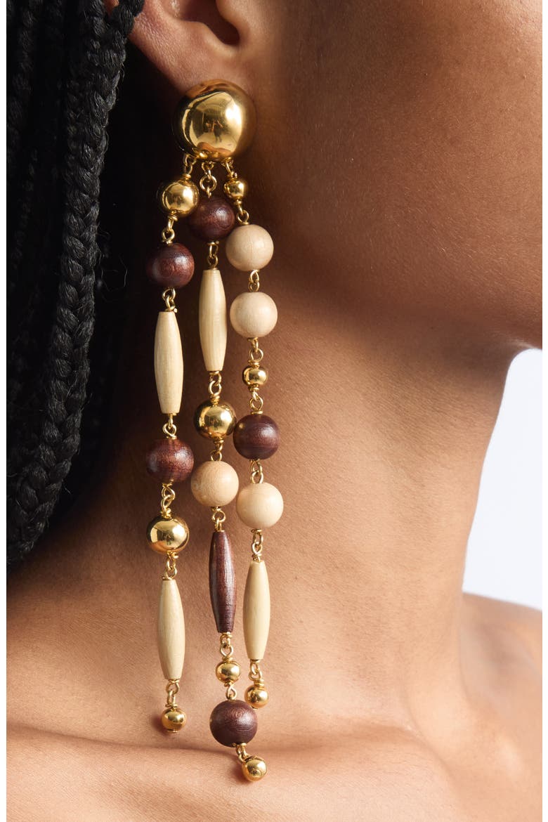 Wooden Beaded Drop Earrings, Alternate, color, GOLD