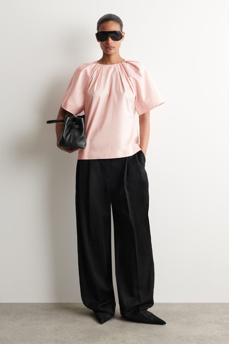 Gathered Short-sleeved Cotton Top, Alternate, color, PINK