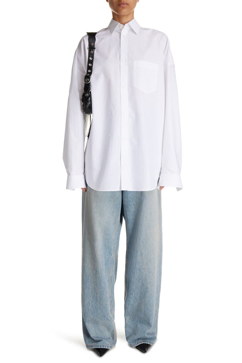 Oversize Crystal Logo Cotton Button-Up Cocoon Shirt, Main, color, WHITE