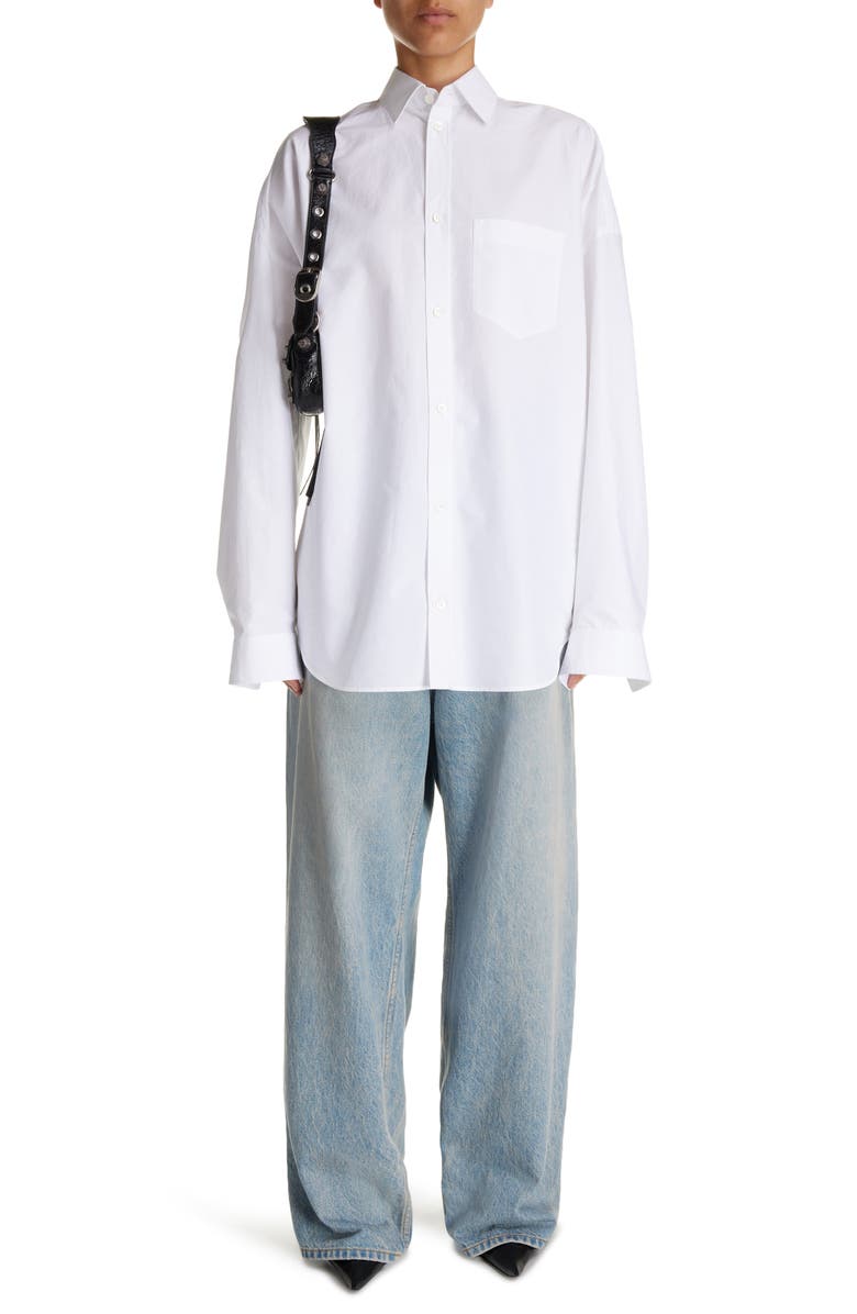 Balenciaga Oversize Crystal Logo Cotton Button-Up Cocoon Shirt, Main, color, White