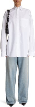 Balenciaga Oversize Crystal Logo Cotton Button-Up Cocoon Shirt