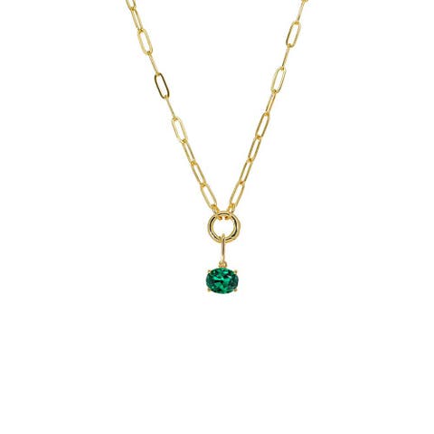 Colored CZ Oval Charm & Paperclip Clicker Toggle Link Necklace