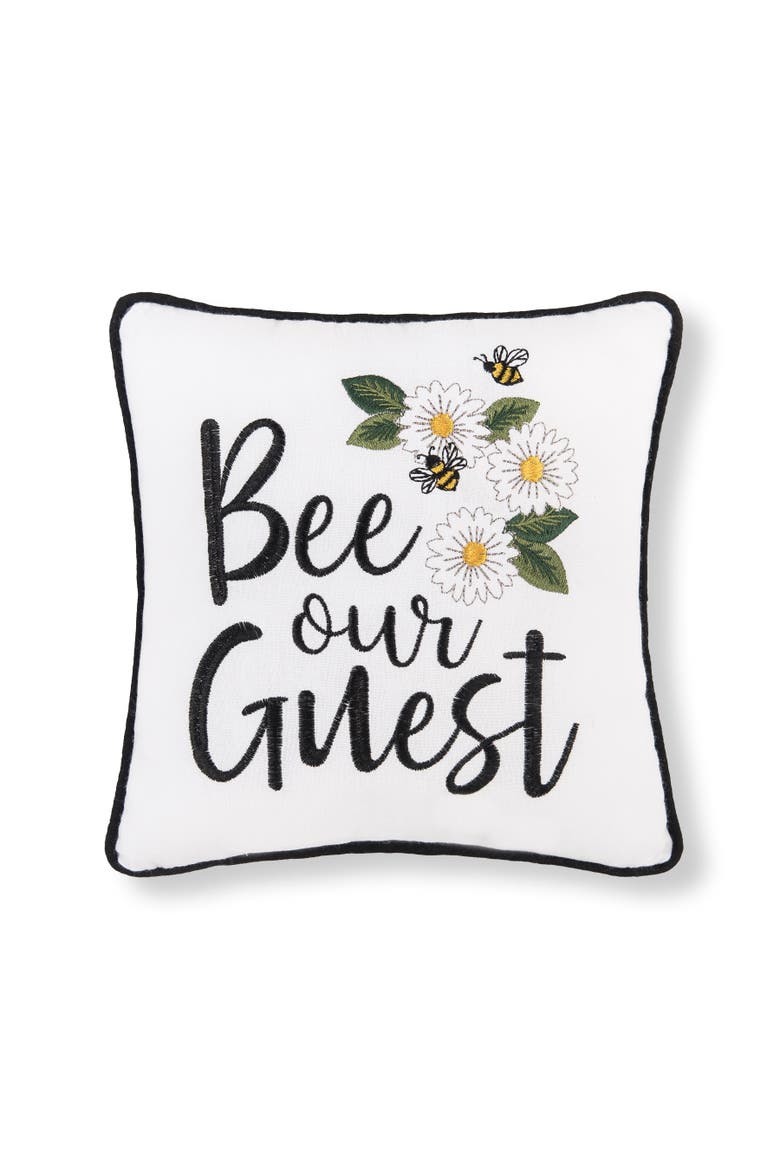 Bee Our Guest Embroidered Small Petite Throw Pillow, 10" x 10", Main, color, White