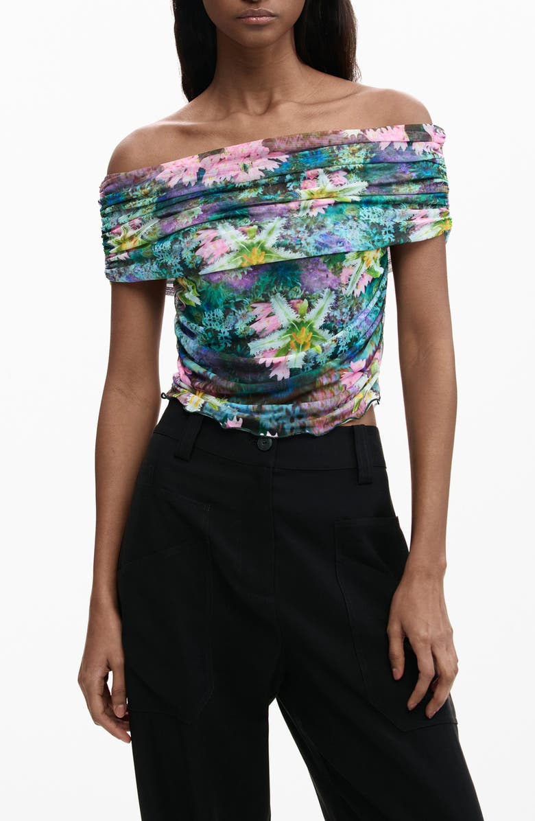 Desigual Off the Shoulder Stretch Mesh Top, Main, color, Green