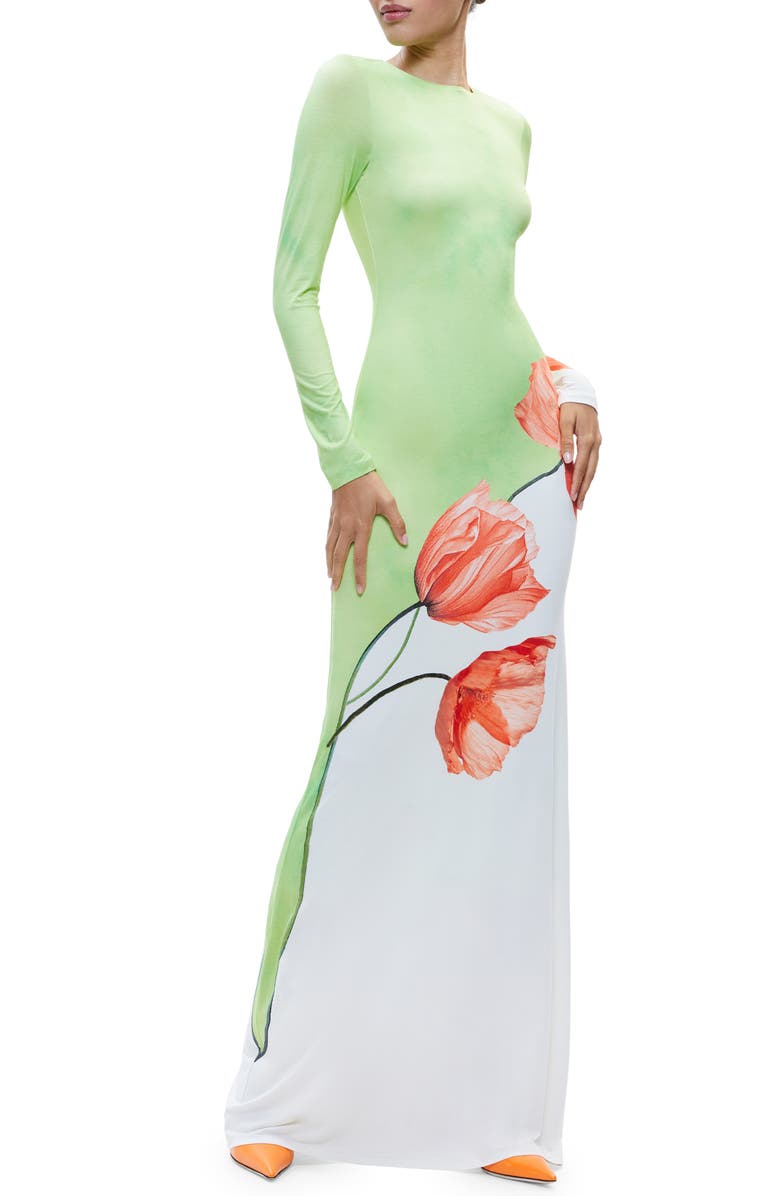 Alice + Olivia Delora Floral Long Sleeve Open Back Maxi Dress, Alternate, color, 