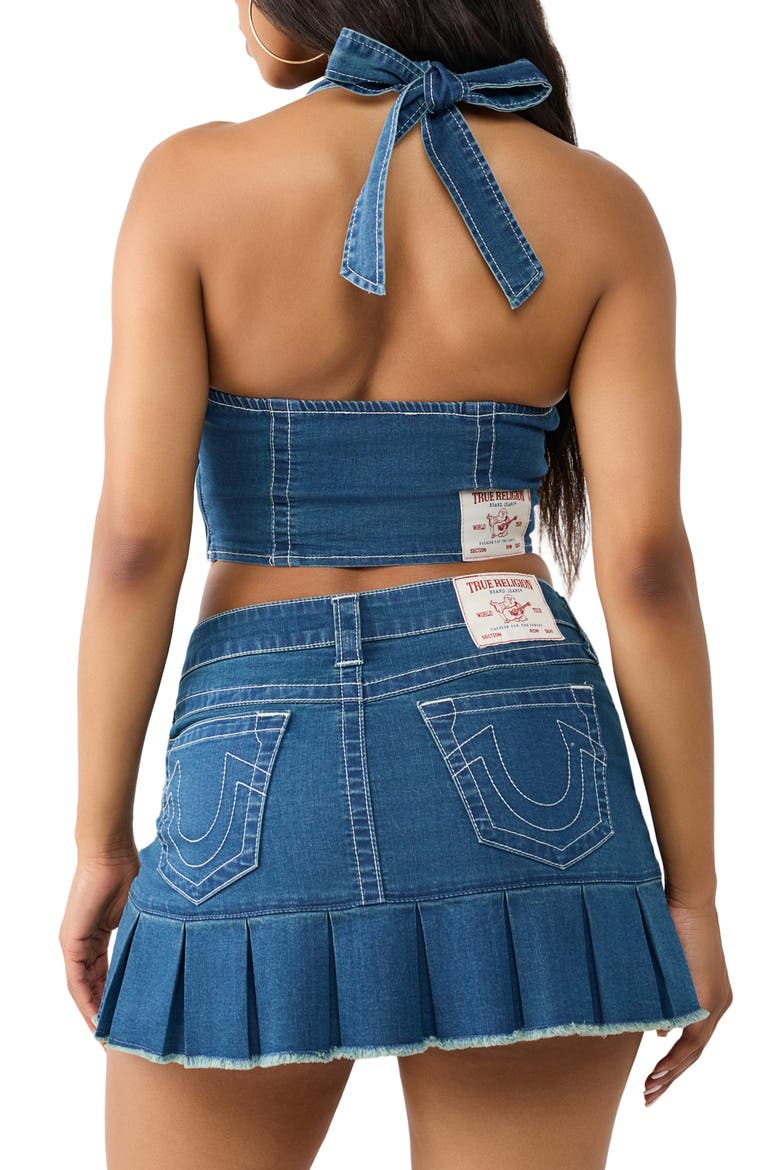 Crystal Horseshoe Denim Halter Crop Top, Alternate, color, POOL CRUSH