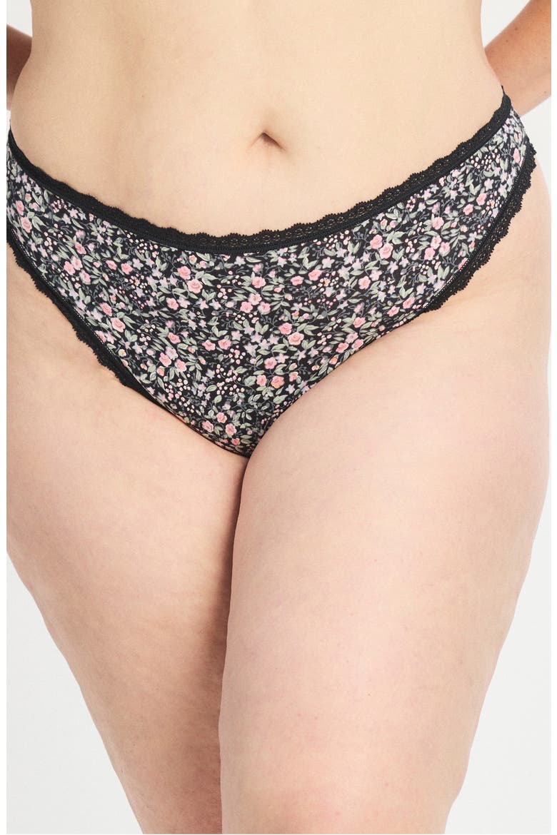 Cotton Essentials Lace Trim Thong, Alternate, color, BLACK CAVIAR FLORAL POP PRINT