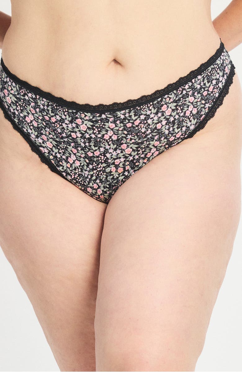 SAVAGE X FENTY Cotton Essentials Lace Trim Thong, Alternate, color, Black Caviar Floral Pop Print