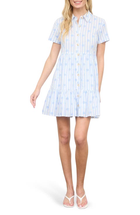 Floral Stripe Short Sleeve Cotton Shirtdress