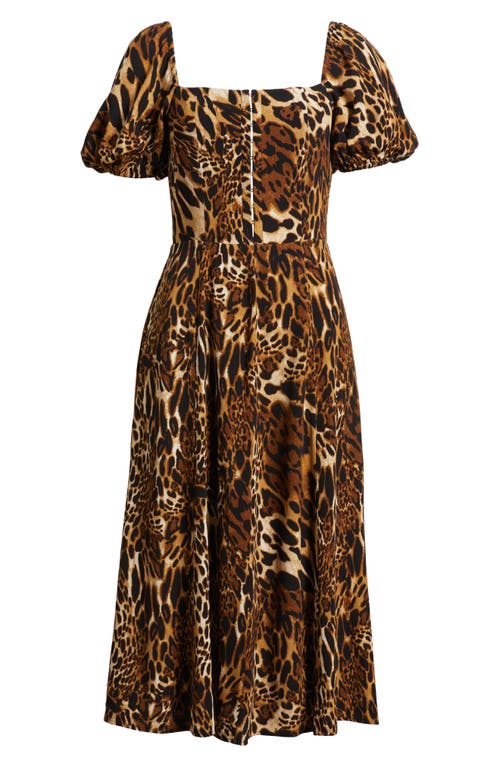 WAYF WAYF LEONIE LEOPARD PRINT PUFF SLEEVE MIDI DRESS 