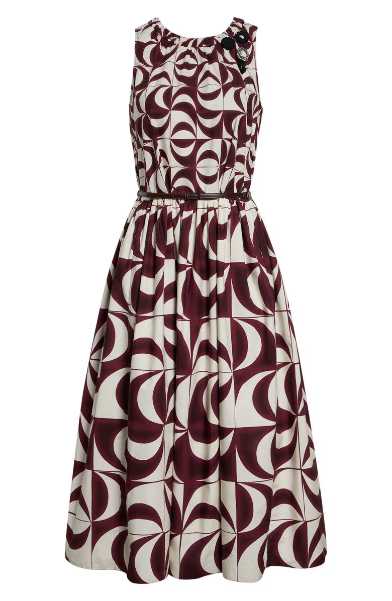 Max Mara Abstract Geo Print Belted Cotton Midi Dress, Main, color, Bordeaux