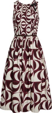 Max Mara Abstract Geo Print Belted Cotton Midi Dress