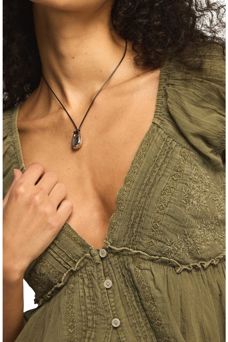 Pleated Lace Trim Plunge Neck Babydoll Top, Alternate, color, DUSTY OLIVE