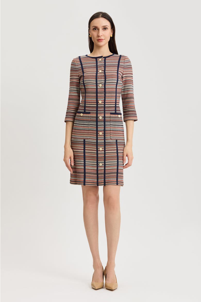 Horizontal Multi Stitch Knit Sheath Dress, Main, color, Warm Taupe/Indigo/Ivory