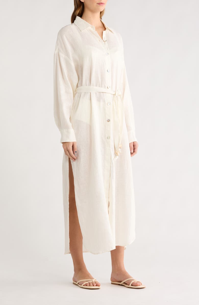Elan Long Sleeve Linen Maxi Shirtdress, Alternate, color, White