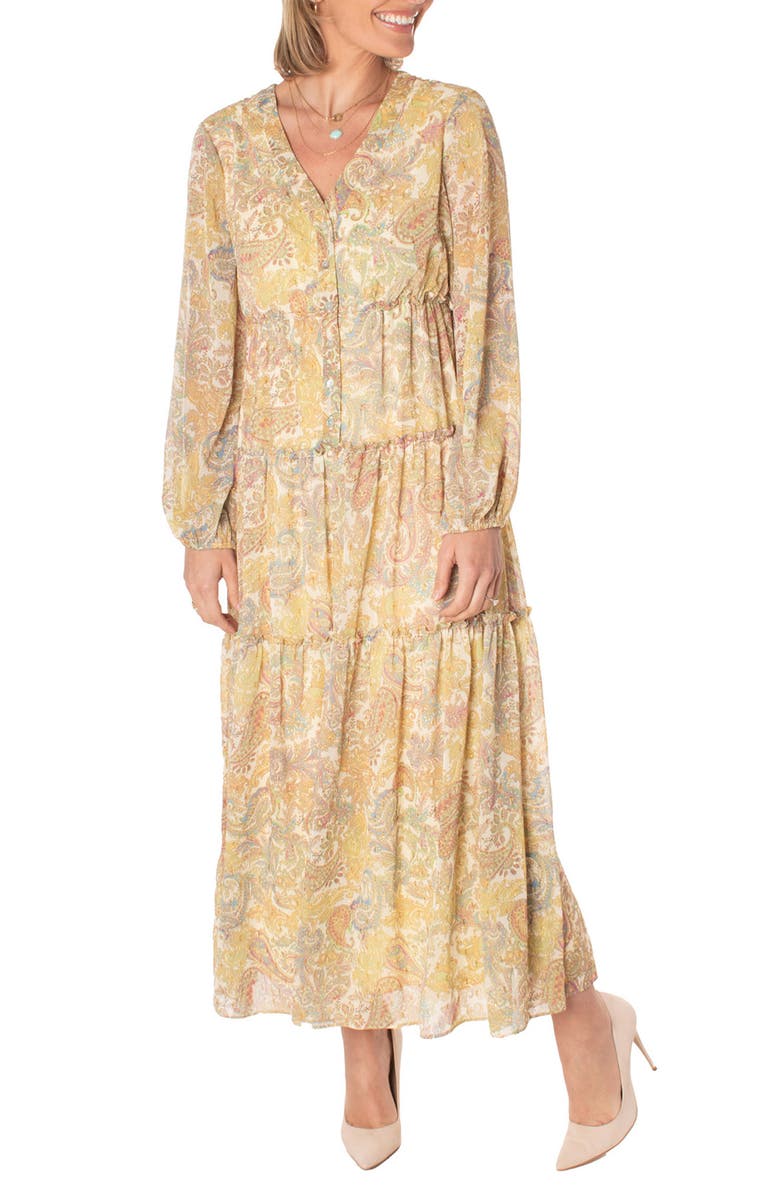 Taylor Dresses Chiffon V-Neck Long Sleeve Button Front Maxi Dress, Main, color,