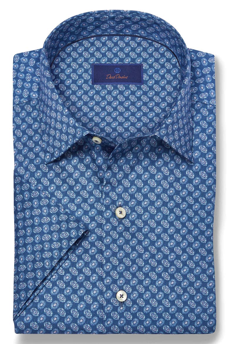 Neat Print Short Sleeve Cotton Button-Up Shirt, Alternate, color, NAVY
